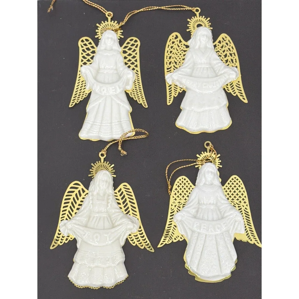 Vtg Porcelain Metal Angel Ornaments Set of 4 Noel Joy Peace Merry Christmas